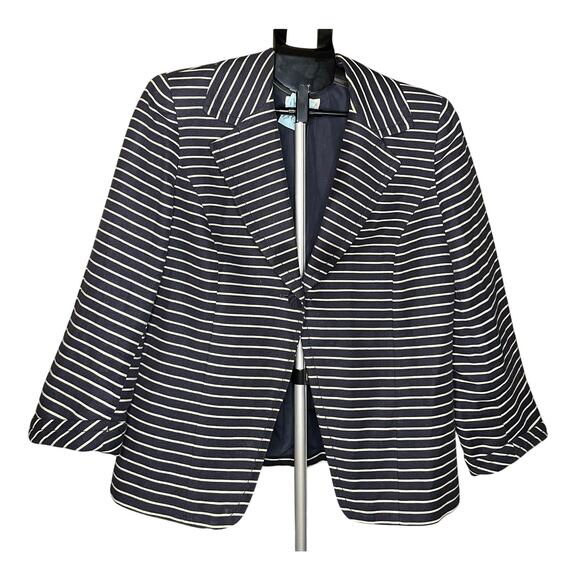 Coldwater Creek Navy White Striped Linen Blend Blazer Sz10 coastal nautical - Picture 1 of 12